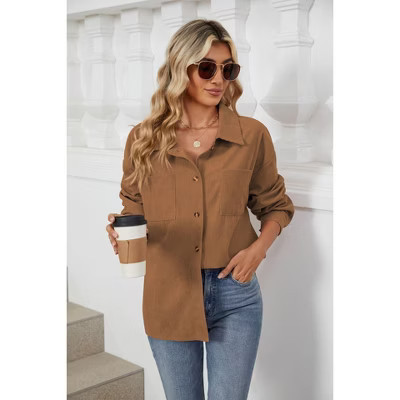 Clearlove Women's Corduroy Shirt Jacket Long Sleeve Pocket Button Down Collared Fall Outerwear Caramel S | Target