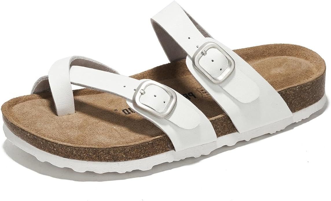 100% Genuine Leather Summer Sandals Women Slides for Women Natural Cork Footbed Womens Slides Str... | Amazon (US)