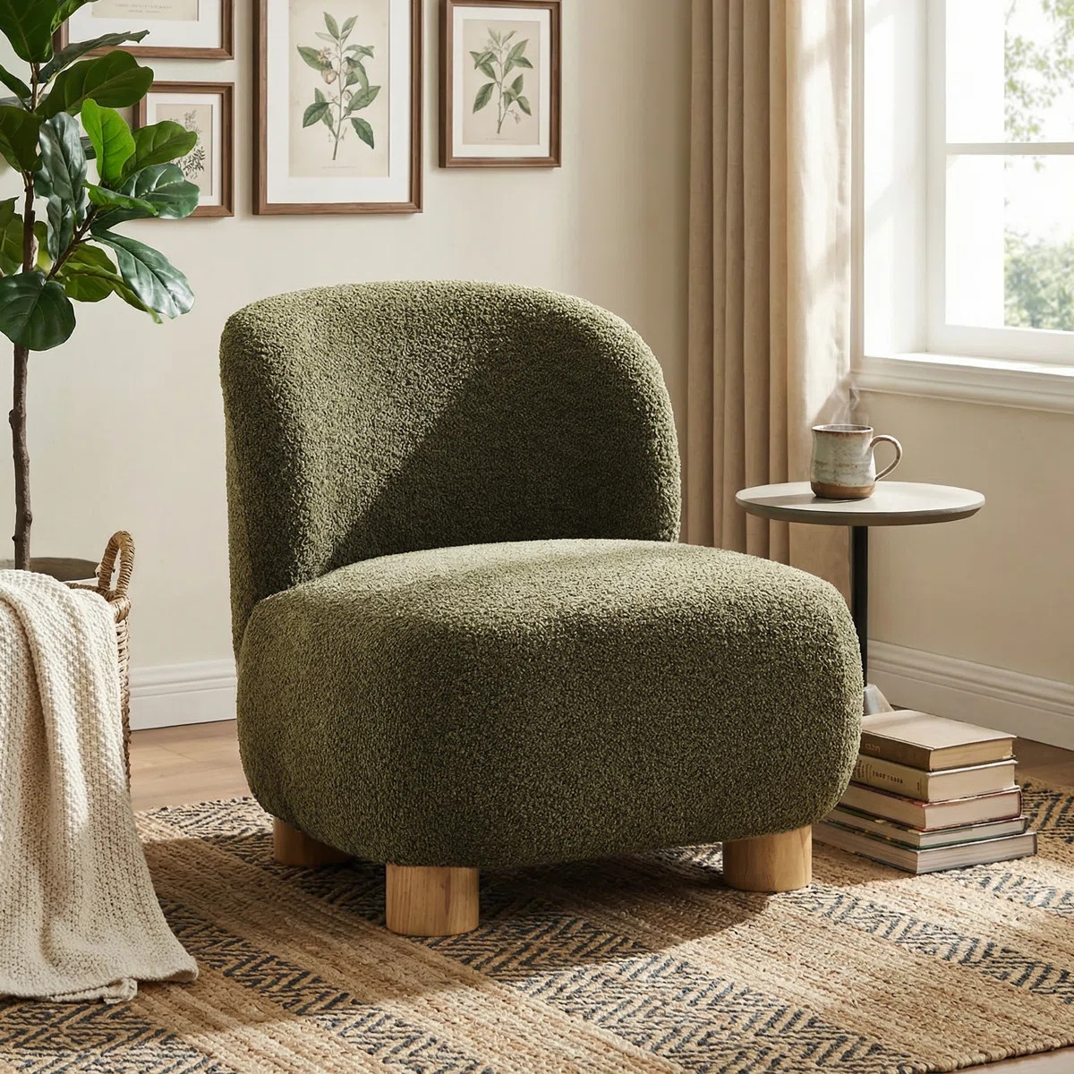 Organic Modern Boucle Upholstered Low-Profile Slipper Accent Chair with Solid Wood Legs | Wayfair North America
