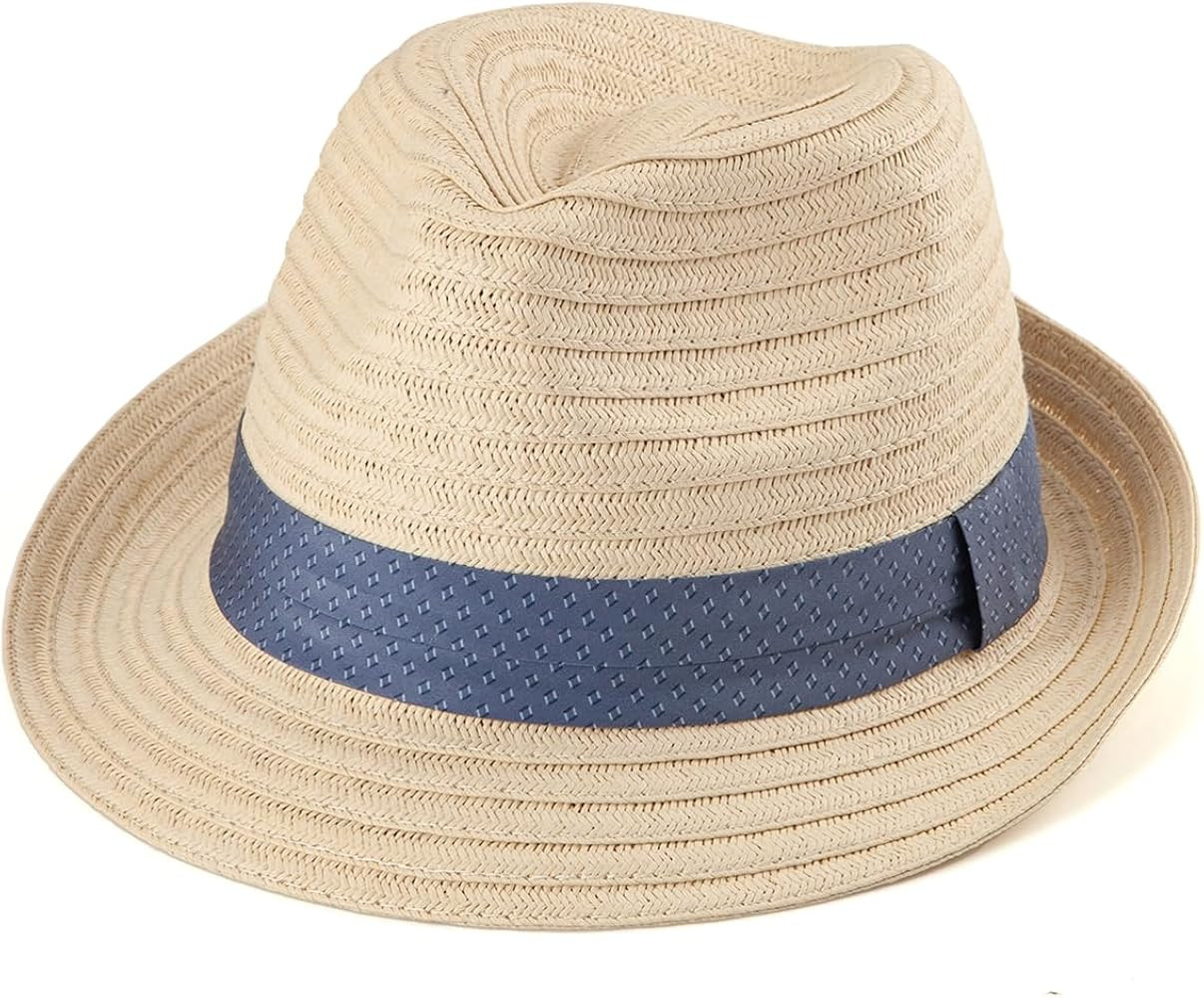 Straw Trilby Hat for Men - Summer Sun Fedoras Travel Beach Panama Short Brim | Amazon (US)