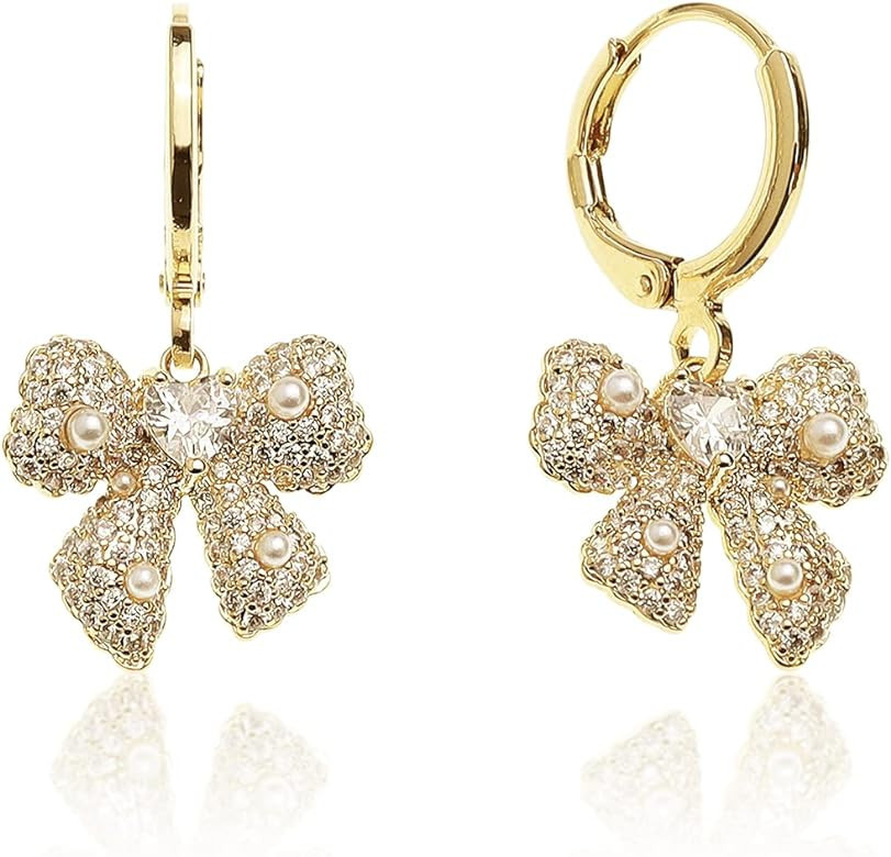Sonateomber Gold Bow Dangle Hoop Earrings for Women Girls - Cute Sparkly Cubic Zirconia Rhineston... | Amazon (US)