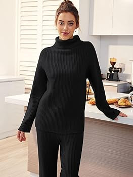 LILLUSORY Women's 2 Piece Outfits Turtleneck Sweaters Lounge Set and Wide Leg Pants Cozy Knit Swe... | Amazon (US)