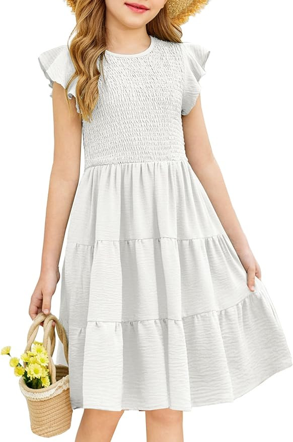 Arshiner Girls Summer Flutter Short Sleeve Sundress Smocked Elastic Waist Tiered Midi Dress with ... | Amazon (US)