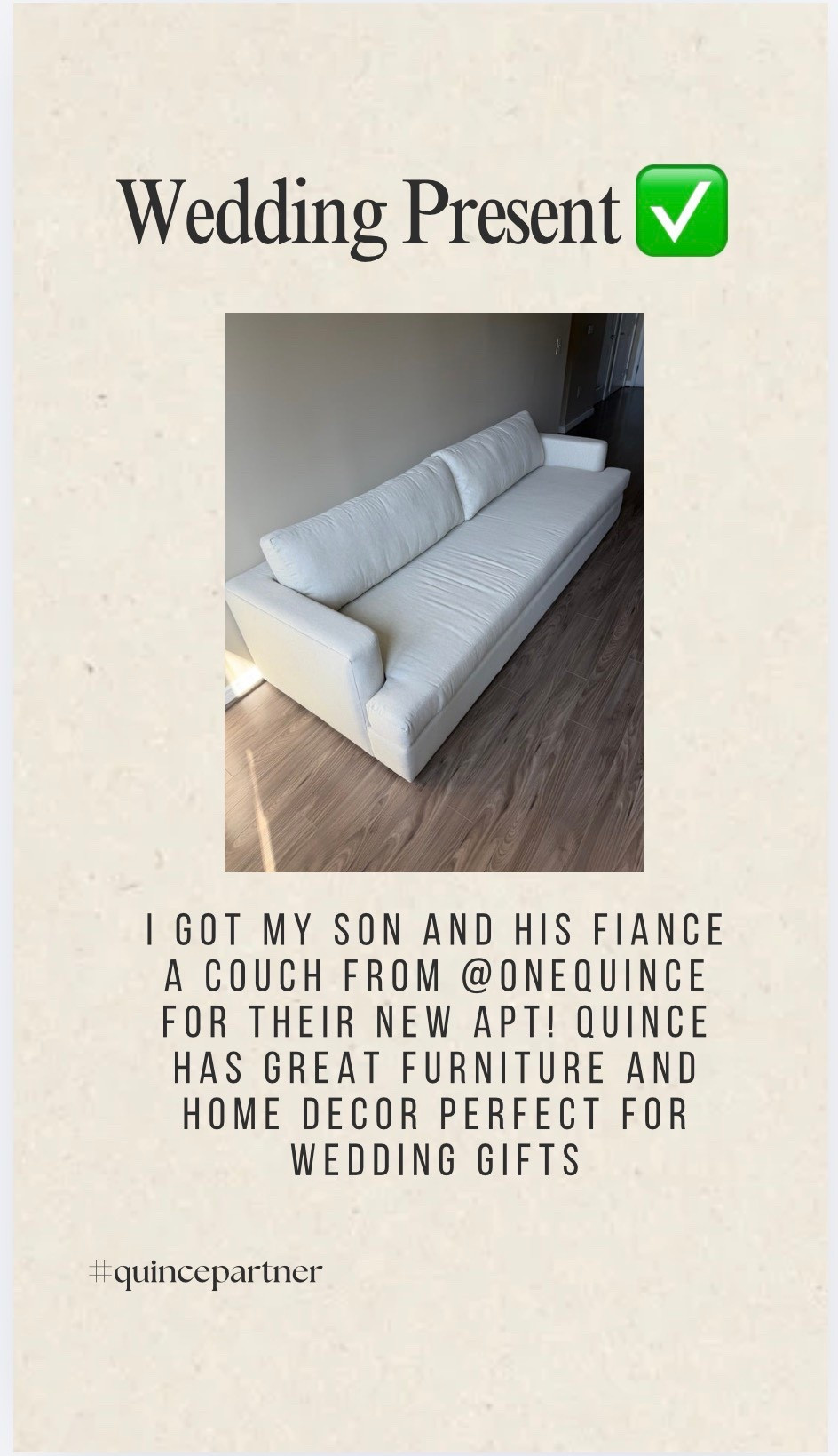 My son needed a couch for his new apt so I ordered one for him and he loves it. It’s soft, classic and very durable. 

@Quince #quincepartner

@Shop.LTK #liketkit