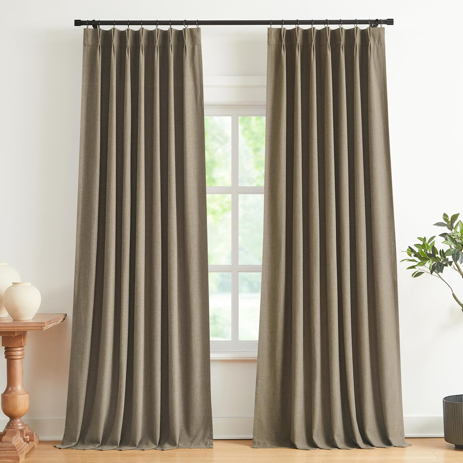 Vision Home Brown Pinch Pleated Full Blackout Curtains Linen Blended Room Darkening Window Curtains 90 inch for Living Room Bedroom Thermal Insulated Pinch Pleat Drapes with Hooks 2 Panel 40" Wx90 L | Amazon (US)
