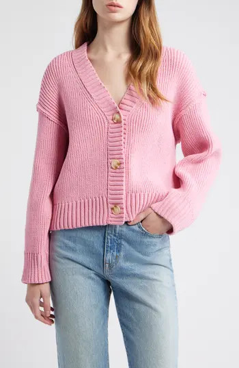 All in Favor Relaxed Chenille V-Neck Cardigan in Pink at Nordstrom Rack, Size Small | Nordstrom Rack