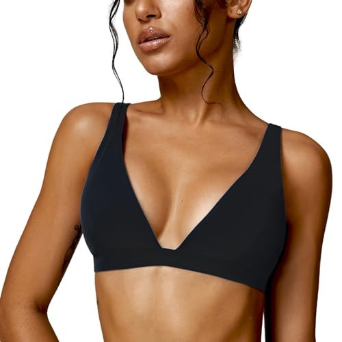 ABOCIW Deep V Neck Sports Bras for Women Padded Low Impact Fitness Yoga Bra U Back Wireless Gym Workout Bra Crop Top Black Medium | Amazon (US)