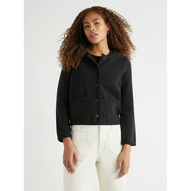 Free Assembly Women's Crochet Trim Cardigan Sweater with Long Sleeves, Midweight, Sizes XS-XXL | Walmart (US)