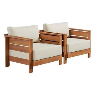 Barton Weather-Resistant Wood Outdoor Patio Arm Chair with Stain and Fade-Proof White Cushions (Set of 2) | The Home Depot