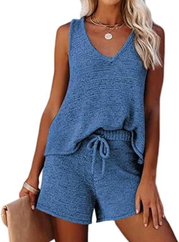 Ekouaer Womens 2023 Fashion Knit Pajama Set 2 Piece Outfits V-Neck Sleeveless Tank Top and Drawst... | Amazon (US)