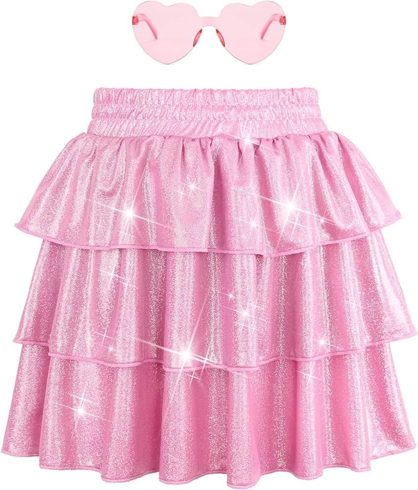 Amazon.com: MODAFANS Girls Sparkle Metallic Skirt 3-Layer Ruffle Shiny Dance Scooter Skirt for Gi... | Amazon (US)