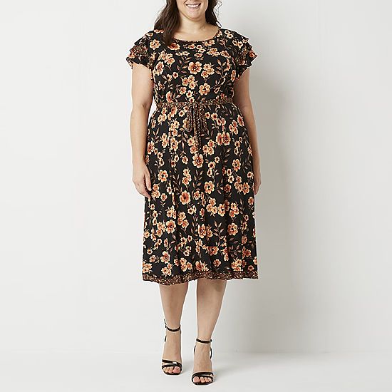 new!Perceptions Plus Short Sleeve Floral Midi Fit + Flare Dress | JCPenney