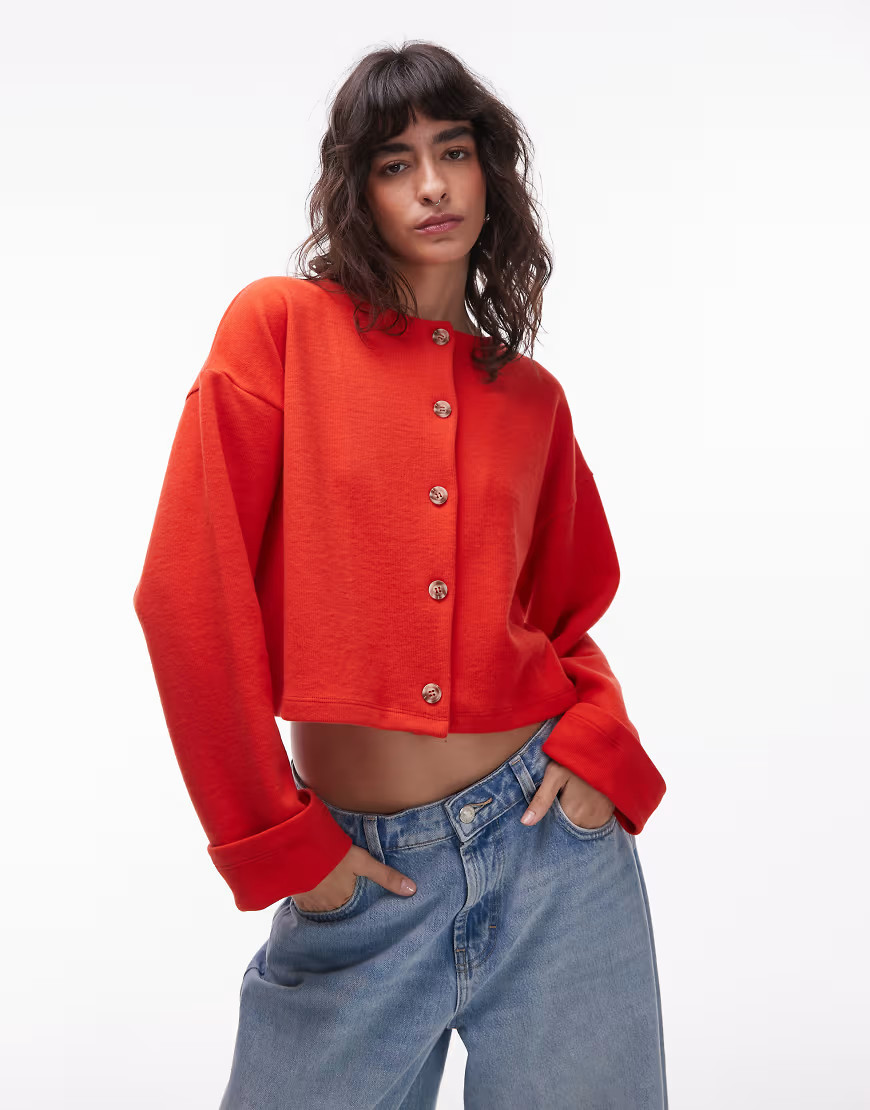 ASOS DESIGN Supersoft long sleeve button up cardigan in red | ASOS (Global)