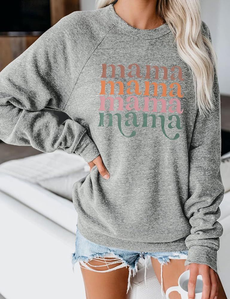 Blooming Jelly Women's Mama Sweatshirt Crewneck Long Sleeve Tops Casual Letter Print Cute Shirts Gra | Amazon (US)