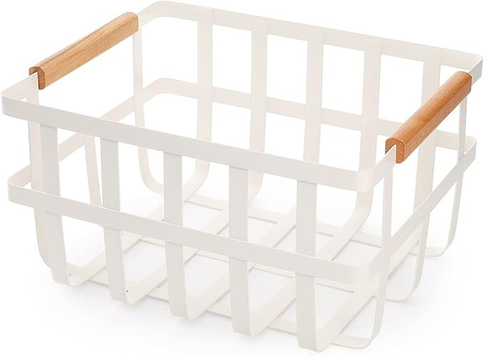 DEAYOU Metal Storage Basket for Organizing, Wire Pantry Basket Bin with Wood Handle, White Farmho... | Amazon (US)