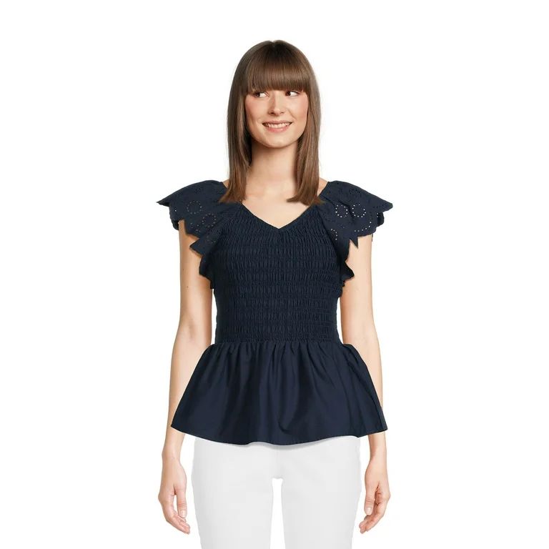 Time and Tru Women's Smocked Bodice V-Neck Eyelet Top, XS-3XL | Walmart (US)