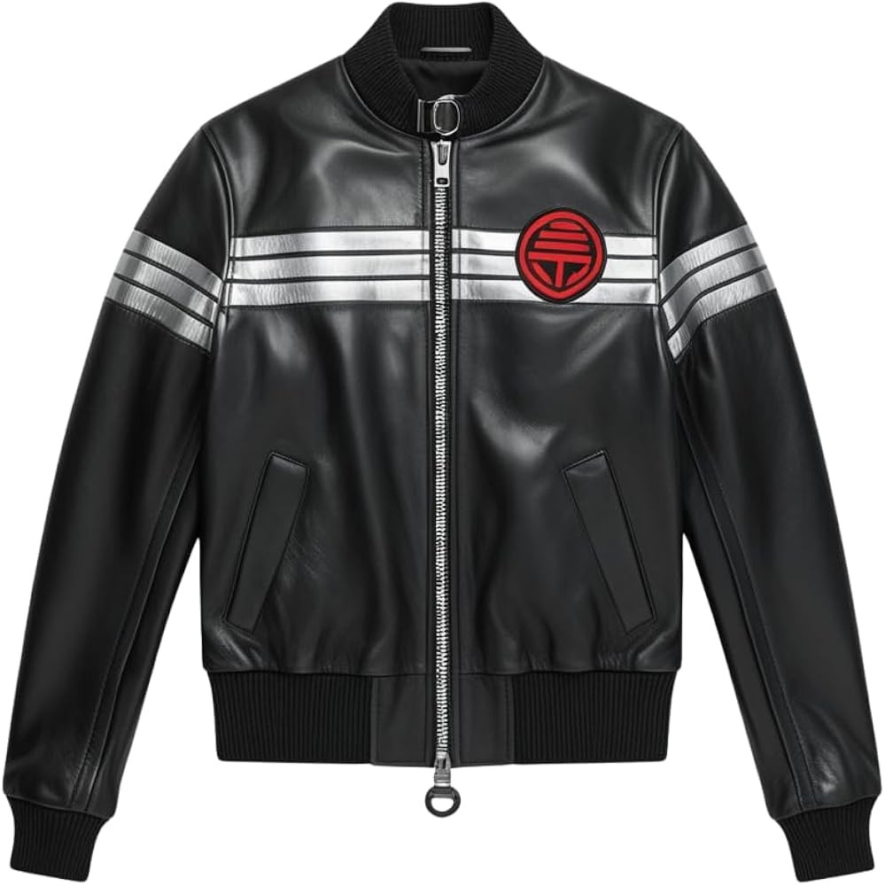 Leather Bomber Jacket with Stripes, Zip Front, Red Logo, Black, Full Zip | Amazon (US)