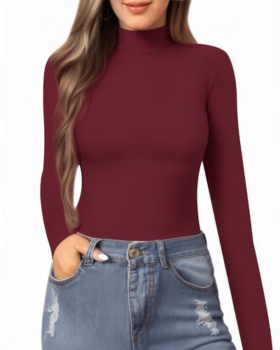 MANGOPOP Women's Mock Turtle Neck Slim Fit Long Half Short Sleeve T Shirt Tight Tops Tee Burgundy | Amazon (US)