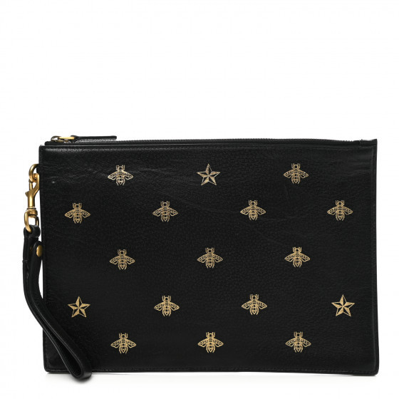 GUCCI Dollar Calfskin Boar Effect Bee Star Zip Wristlet Pouch Black | FASHIONPHILE | FASHIONPHILE (US)