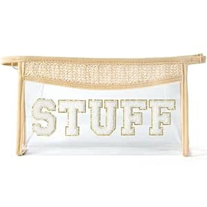 Boho Patch Cosmetic Bag - Summer Stuff Chenille Varsity Letter Toiletry Bag Beige Clear Waterproo... | Amazon (US)