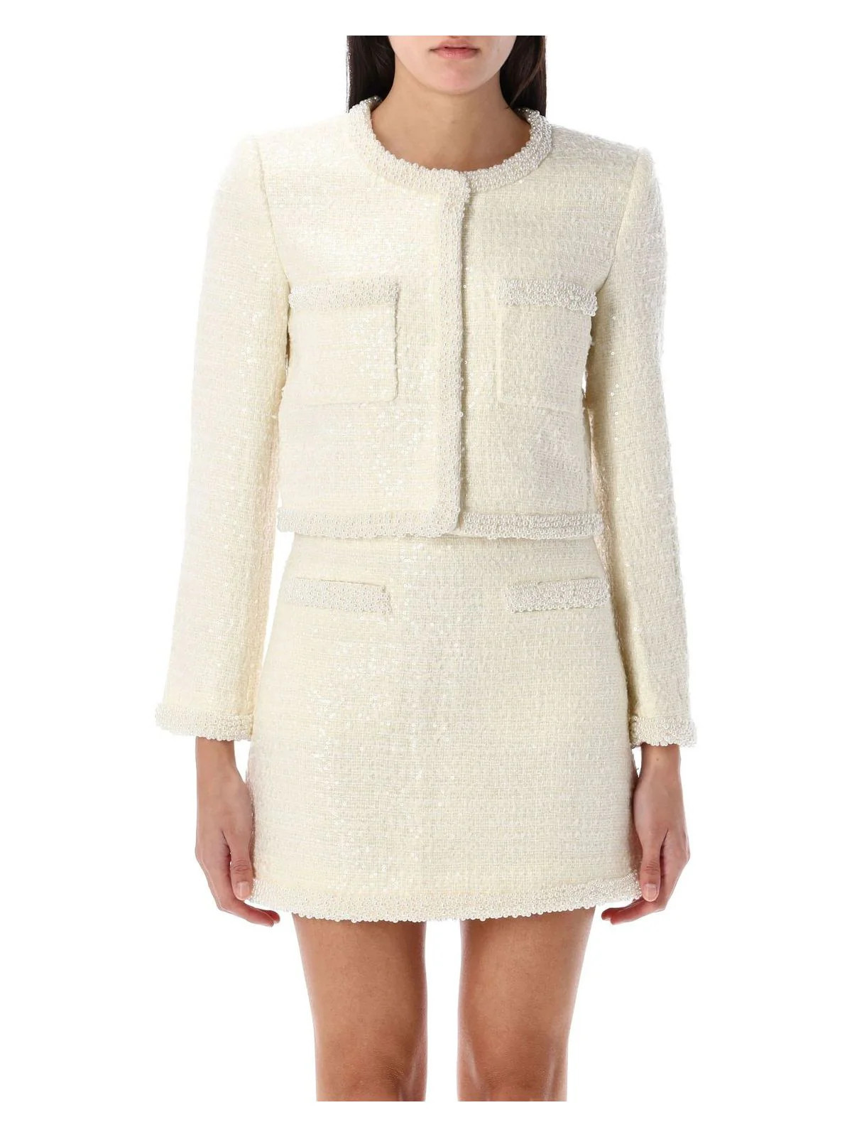 Self-Portrait Women's BouclÃ© Pearl Trim Jacket in Cream | Size 6 | 25PRS25164JC Color CREAM | LOZURI