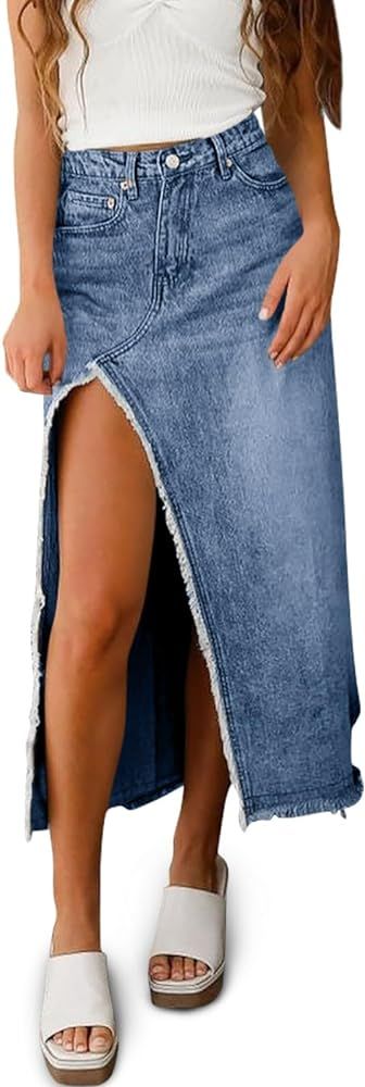 Fisoew Women's High Waist Jeans Denim Skirt Maxi Skirt Split Thigh Frayed Pocketed Casual Jean Sk... | Amazon (US)