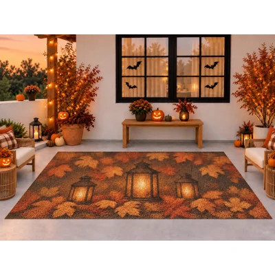5' x 7' Outdoor Area Rug, Glowing Lanterns Autumn Leaves Halloween Pattern, Waterproof PVC Coil Loop Carpet, Heavy Duty Quick Dry Mat for Porch Deck B | Wayfair North America