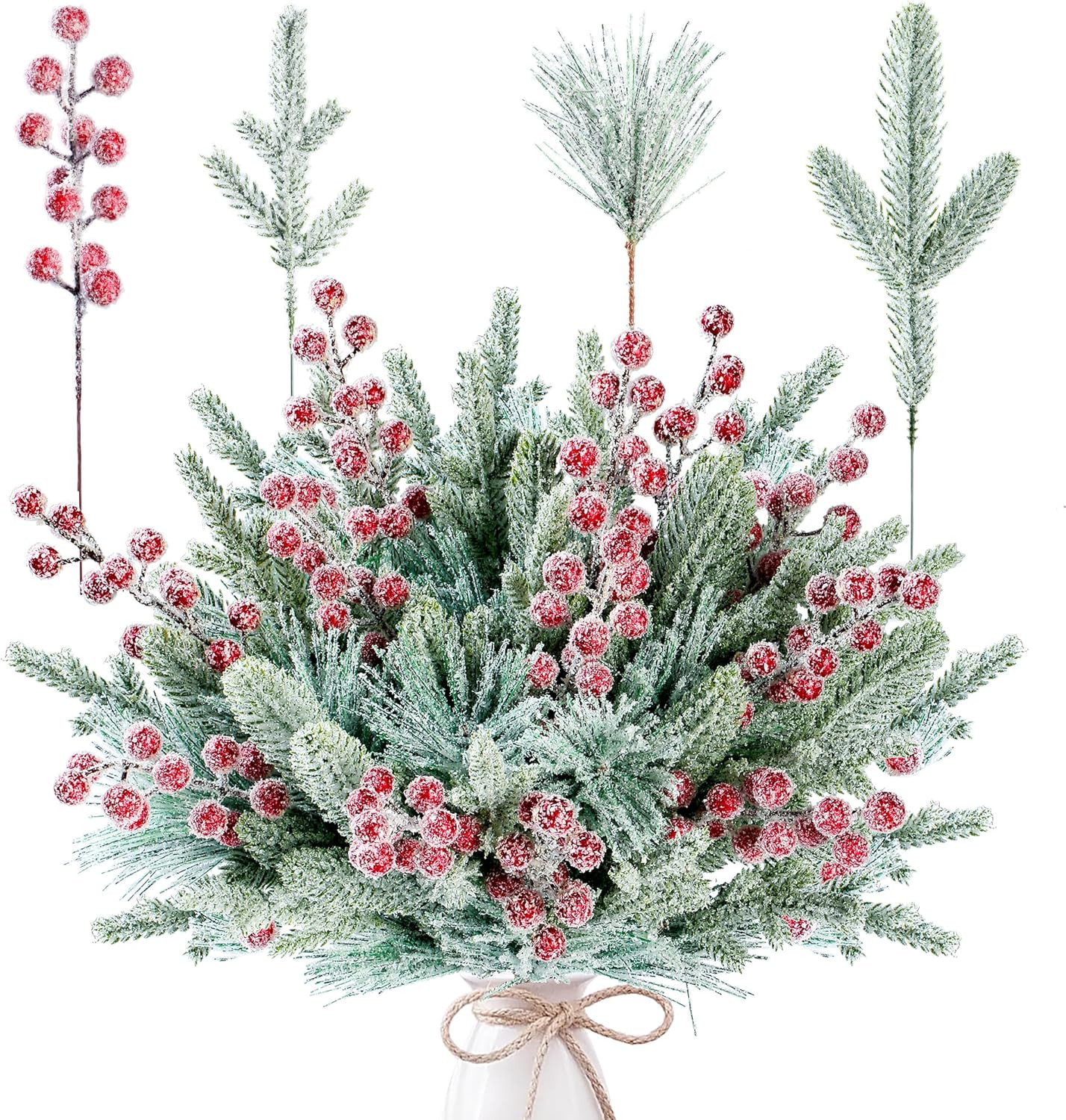 Sggvecsy 60 Pcs Artificial Snowy Pine Branches Fake Frosted Greenery Pine Picks Artificial Red Be... | Amazon (US)