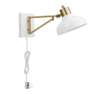 Berkeley 1-Light White and Brass Plug-In or Hardwire Swing Arm Wall Sconce | The Home Depot