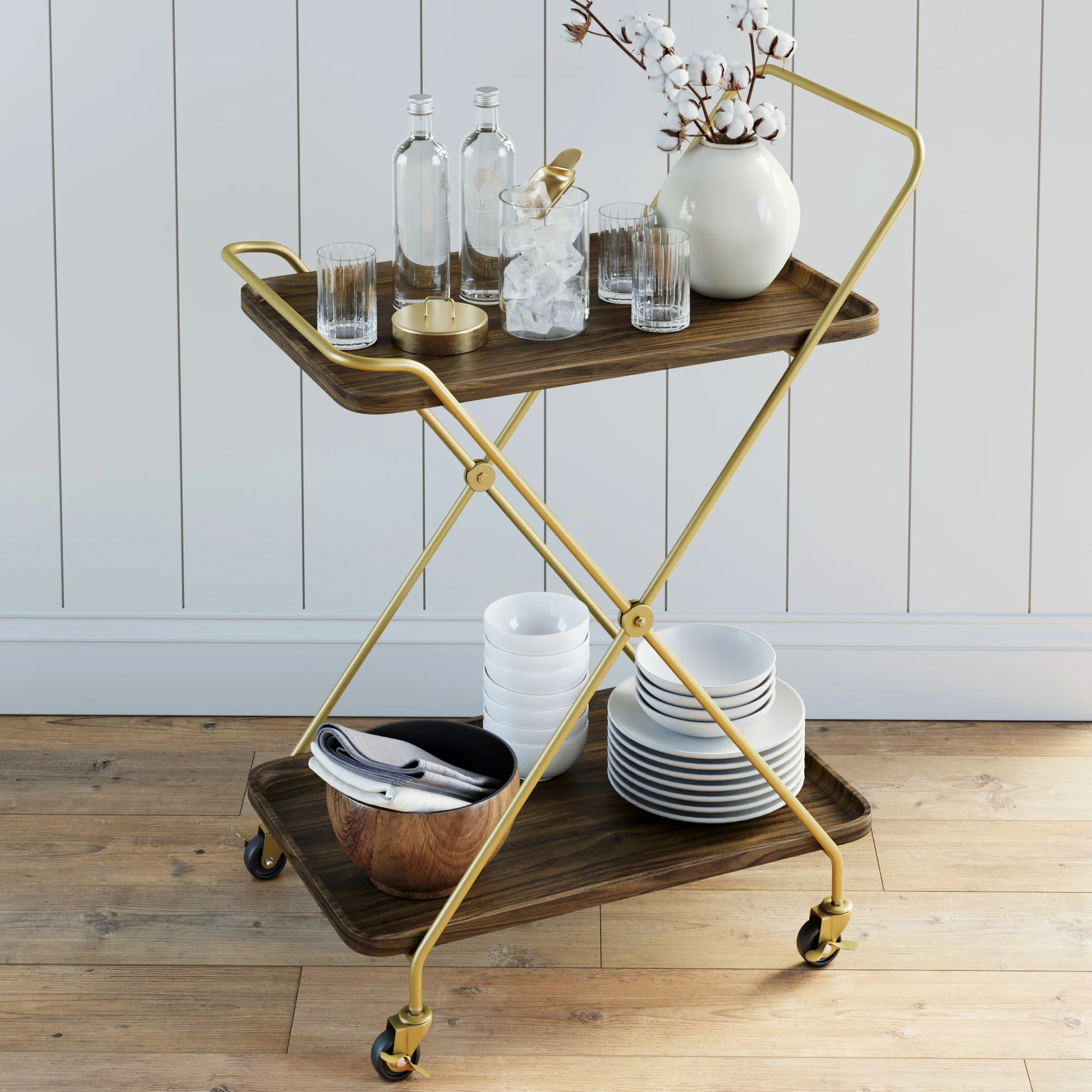 Wood Tray Top 2-Tier Rolling Bar Cart | Nathan James
