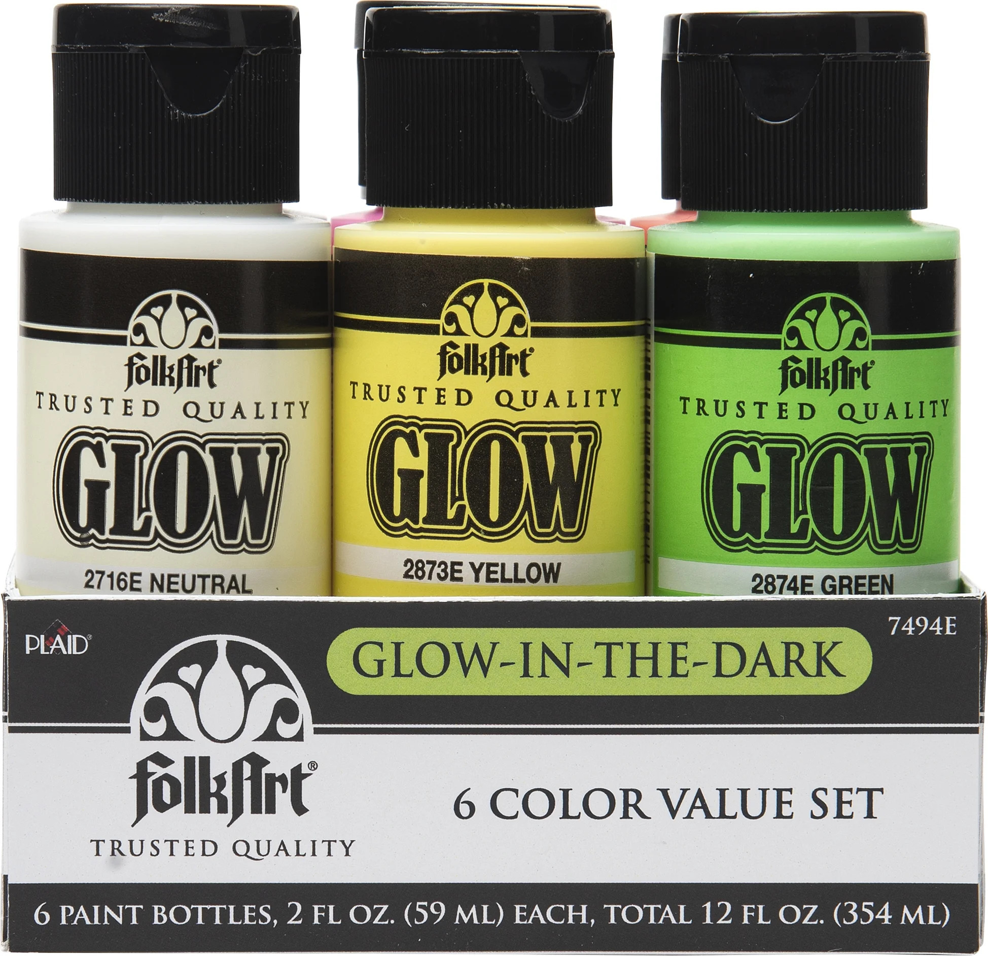 FolkArt 7494E Glow-in-the-Dark Acrylic Paint Set, Matte Finish, Set of 6, 12 fl oz | Walmart (US)