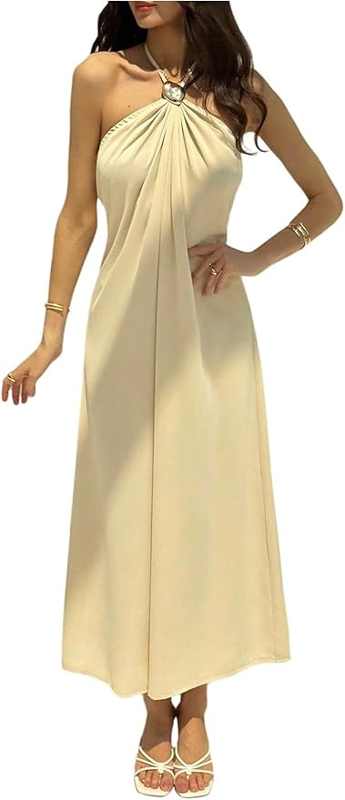 OYOANGLE Women's Cami Halter Maxi Dress Sleeveless Metal Decor Open Back Swing Flowy Beach Vacati... | Amazon (US)