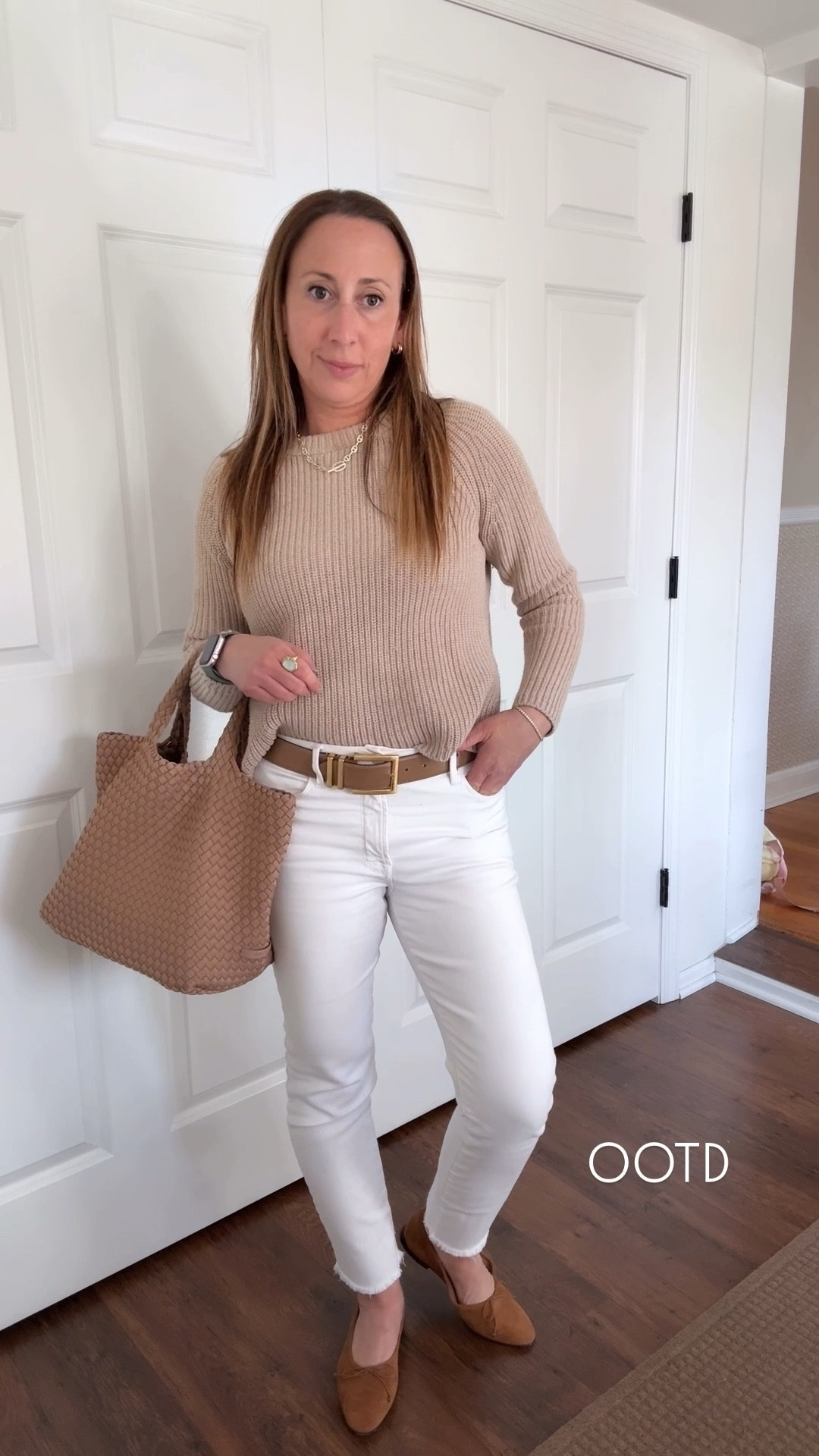 LTK Look of the Day 🤍✨ My new amaretto suede flats are officially a favorite—so comfortable, true to size, and the perfect elevated neutral for spring. Paired them with white slim fit jeans and the best cotton fisherman sweater in a gorgeous tan shade. I’m obsessed with this tan + white combo for spring… it feels rich, elegant, and effortlessly put together without trying too hard. 

This is the perfect spring outfit for work, busy moms on the go, easy everyday outfit ideas, and anyone who wants to look polished with minimal effort. Comfortable flats, flattering white jeans, and a classic sweater = timeless spring style. 

#LTKStyle #LTKFinds #SpringOutfit #SpringStyle #WorkWearStyle #MomStyle #EasyOutfitIdeas #NeutralStyle #EffortlessStyle #ClassicStyle #WhiteJeansOutfit #FlatsOutfit #PutTogetherStyle