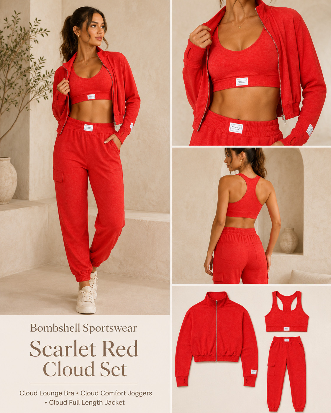 The red matching set that does all the work for you. ❤️‍🔥

This @Bombshell Sportswear Scarlet Red Cloud Set is bold, flattering, and impossible to scroll past. 

The Cloud Lounge Bra, Cloud Comfort Joggers, and Cloud Full Length Jacket create an elevated 3-piece matching set that looks completely styled while still giving you the soft, easy comfort you want from everyday athleisure.

The racerback Cloud Lounge Bra creates a sporty, flattering shape, the high-waisted Cloud Comfort Joggers have a relaxed fit with functional cargo pockets, and the coordinating zip-front jacket gives you the perfect lightweight layer. 

Wear the full Scarlet Red set together for maximum impact, or mix each piece with black, white, denim, or your favorite neutral basics.

This Bombshell Sportswear matching set is perfect for airport outfits, travel days, coffee runs, errands, casual weekends, lounging, working from home, and post-workout plans. 

Add clean white sneakers, delicate gold jewelry, and a sleek tote for an off-duty outfit that feels comfortable, confident, and instantly put together.

The Scarlet Red color is the statement—no complicated styling required.

📌 SAVE this Bombshell Sportswear Cloud Set before your favorite piece or size is gone!

Everything is linked! ↓

#LTKActive #LTKSaleAlert #LTKTravel