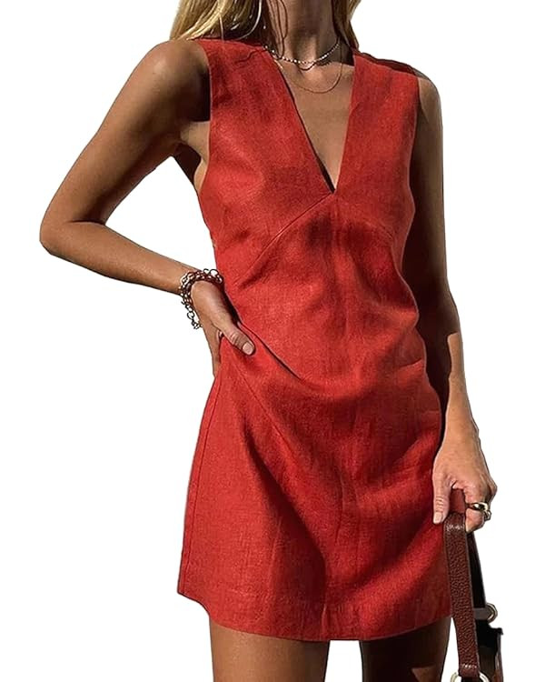 Womens Summer Deep V Neck Sleeveless Linen Mini Dress Casual Beach Sunshine A-line Cotton Tank Dr... | Amazon (US)