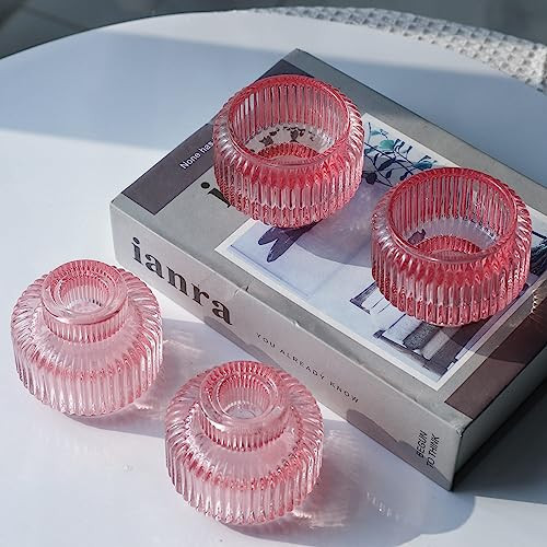 Woho Pink Candlestick Holders for Taper Candles Set of 4, Glass Taper Candle Holders Bulk for Birthday Party, Tea Lights Candle Holder for Wedding Festival | Amazon (US)