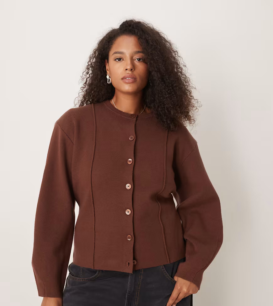 ASOS DESIGN Curve structured shoulder pad waisted crew neck cardigan in mocha-Brown | ASOS (Global)