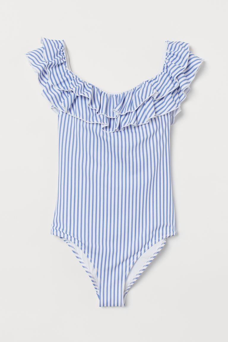Fully lined, off-the-shoulder swimsuit with double ruffles at top and cups with removable inserts... | H&M (US + CA)