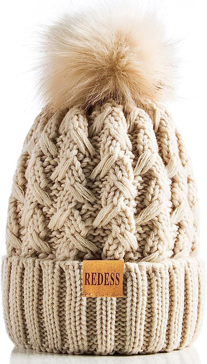 REDESS Women Winter Pompom Beanie Hat Fleece Lined Warm Hats, Thick Slouchy Snow Knit Crossed Cap... | Amazon (US)