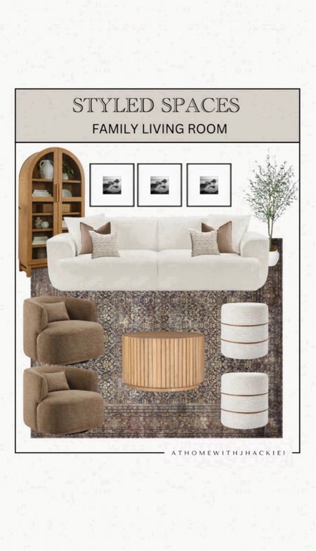 Styled spaces for family living room! Living room space, family friendly furniture, living space, sitting area, boucle couch, dark brown chairs, coffee table, ottomans, olive tree, oak cabinet. 

#LTKHome #LTKStyleTip