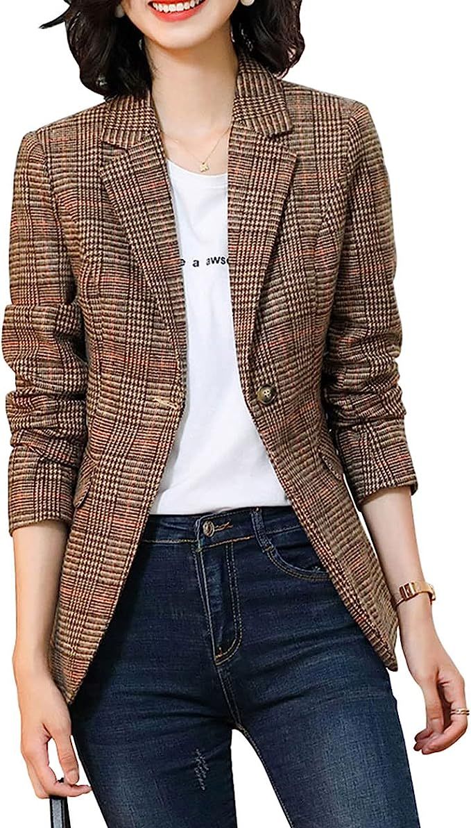 ebossy Women's Notch Lapel 2 Button Boyfriend Blazer Suit Houndstooth Plaid Jacket Coat (Medium, ... | Amazon (US)