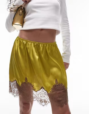 Topshop satin lace petticoat mini skirt in chartreuse with brown lace | ASOS (Global)