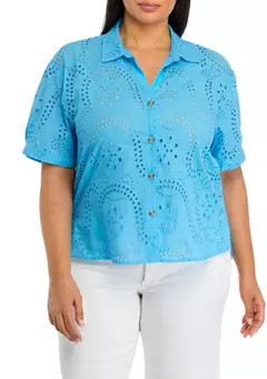 Plus Size Eyelet Button Down Shirt | Belk