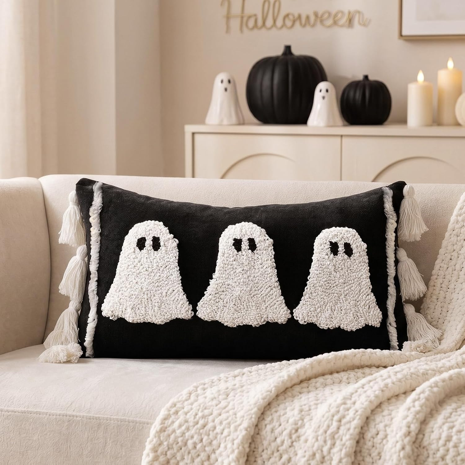 Bunny Chorus Halloween Lumbar Pillow Cover: Black and White Ghost Pillow Covers with Tassels, Cotton Linen Halloween Throw Pillow Covers 15x20 for Couch Sofa Bed, Cute Halloween Home Decorations | Amazon (US)