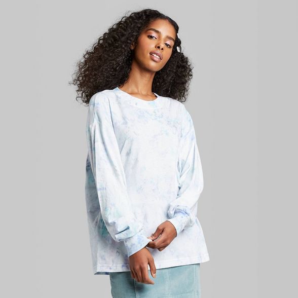 Women's Long Sleeve Crewneck Relaxed Tie-Dye T-Shirt - Wild Fable™ White/Blue | Target