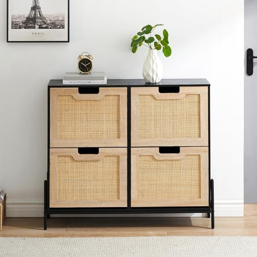 IDEALHOUSE Natural Rattan 4 Flip Door Shoe Cabinet Organizer Freestanding, Shoe Rack Storage Cabi... | Amazon (US)