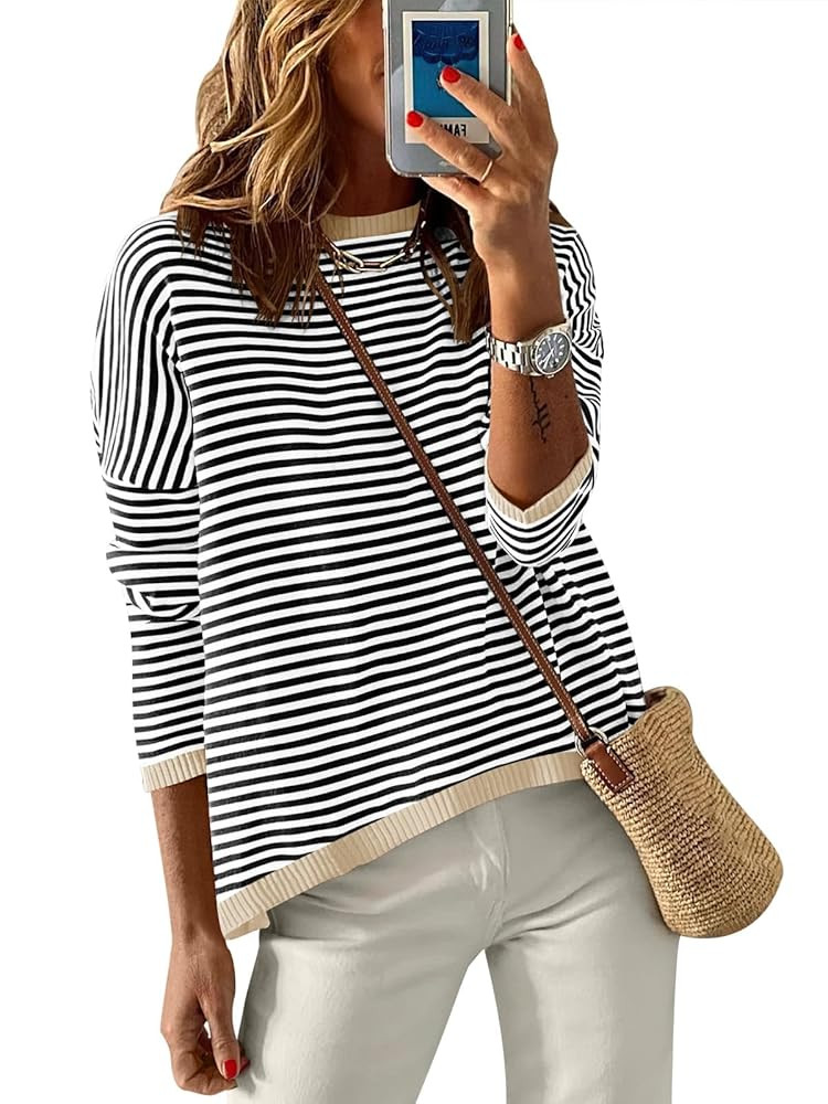 ANRABESS Womens Striped Sweaters Long Sleeve Top Crewneck Color Block Casual Loose Knitted Pullov... | Amazon (US)
