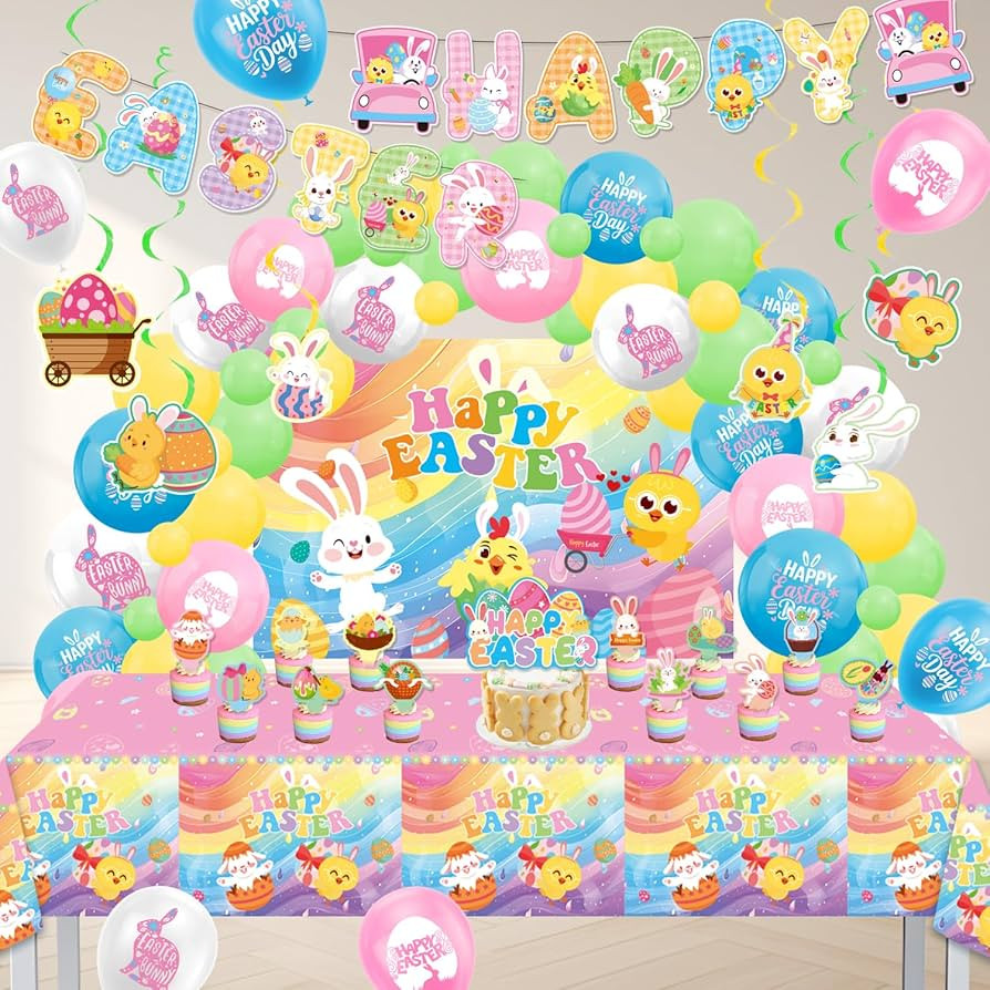 82Pcs Easter Party Decorations for Kids - Easter Egg Hunt Kit with Happy Easter Backdrop, Balloon... | Amazon (US)