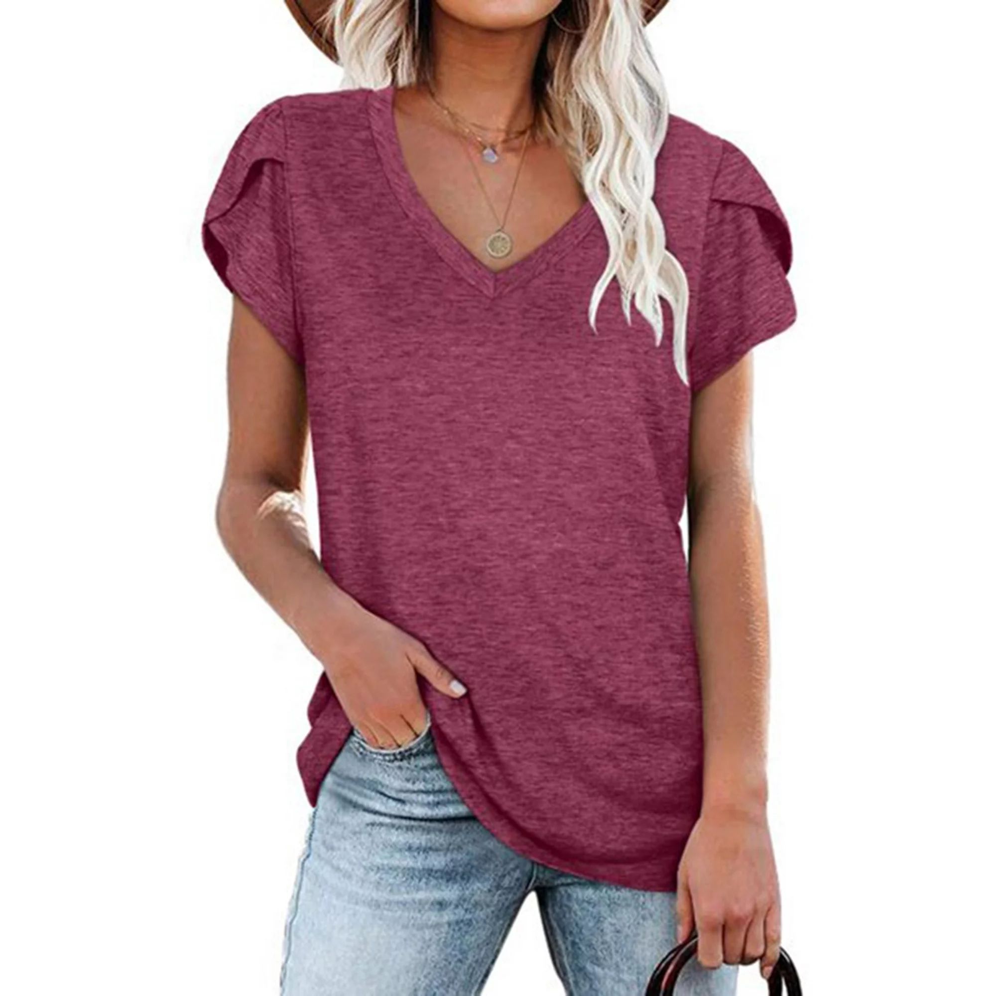 MOSHU V-Neck T-shirts for Women Petal Sleeve Tunic Tops Summer Casual Womens Shirts | Walmart (US)