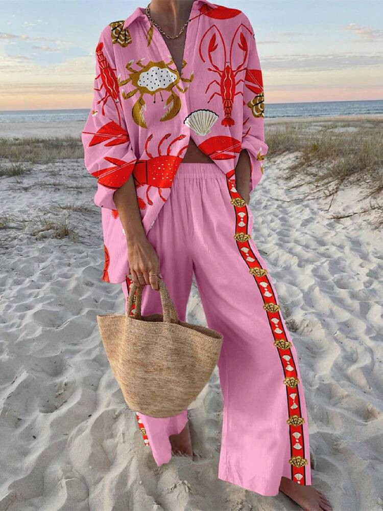 Y2k Summer Pants Sets Women 2 Piece Outfits Sardine Lobster Printed Shirt Two Piece Matching Set Beach Vocation Lounge | SHEIN